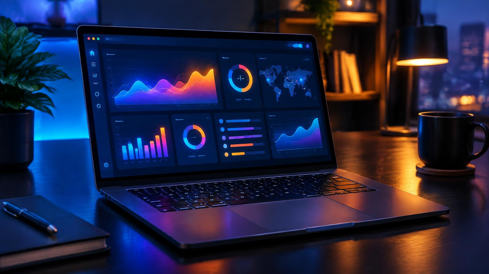 Laptop screen glowing with colorful digital interface