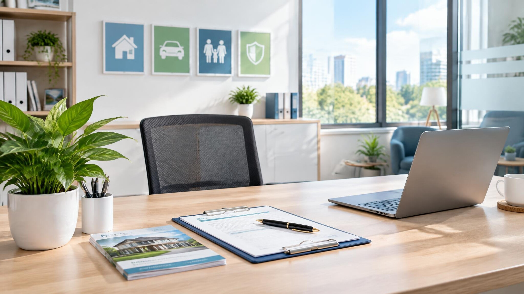 Modern insurance office interior with desk and plant