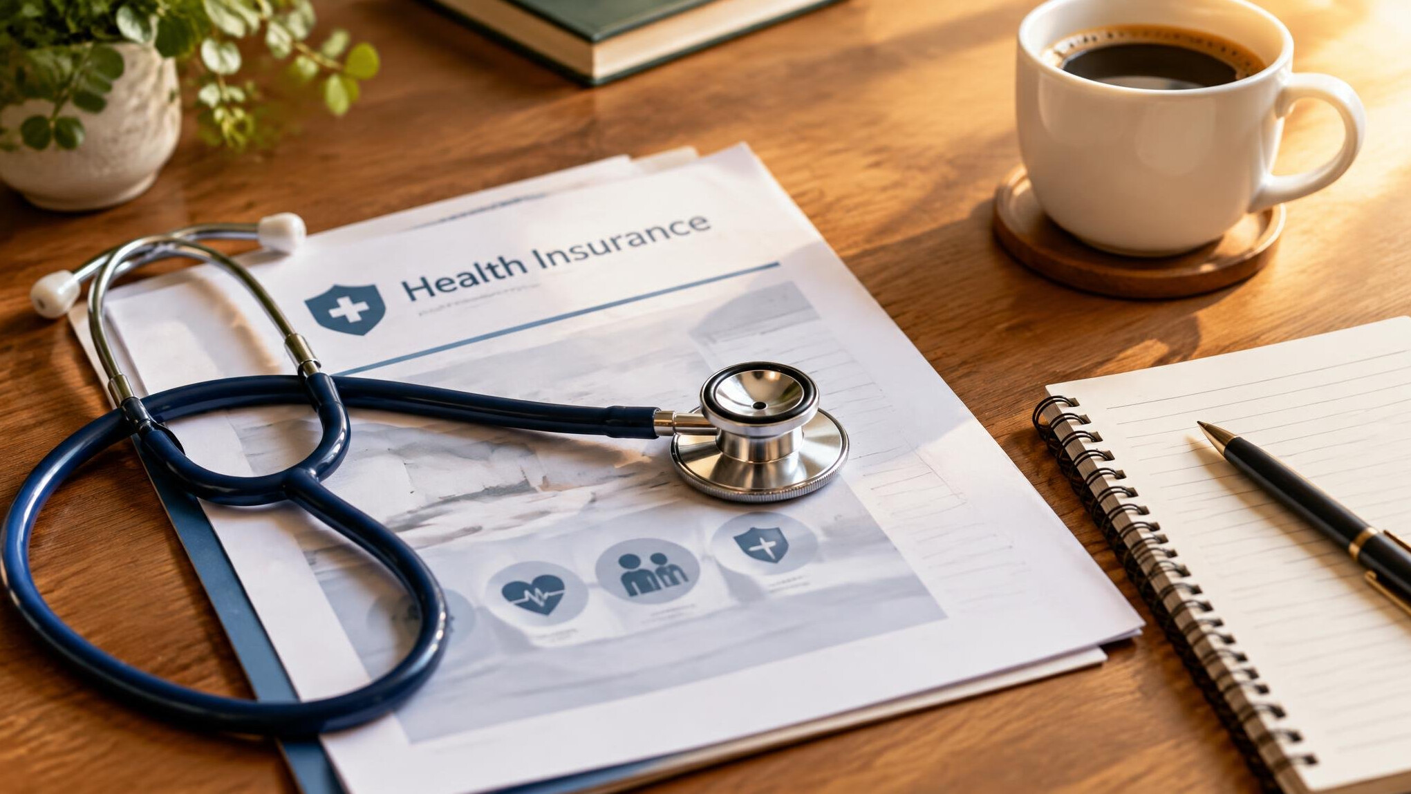 Stethoscope and insurance documents on a desk