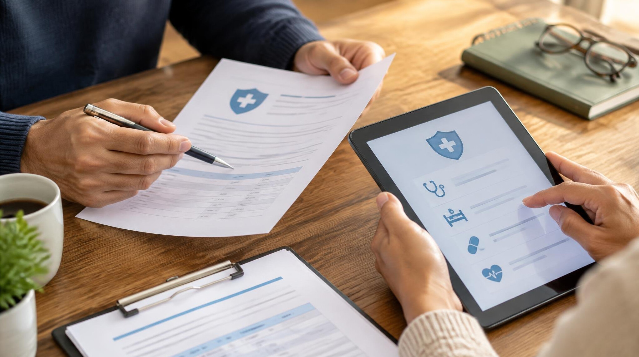 Hands reviewing insurance documents and a tablet on a table