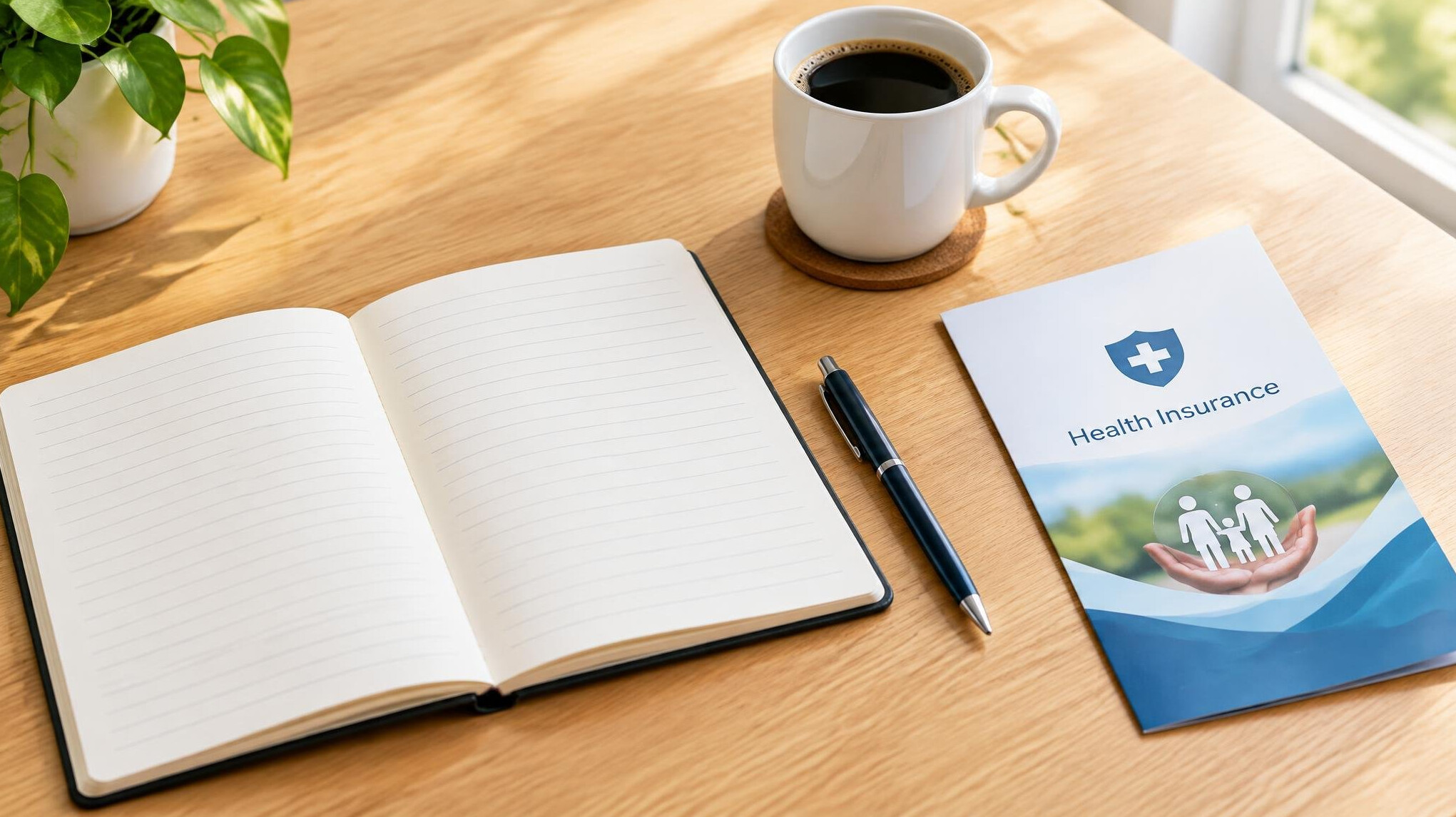 Open notebook with pen beside a cup of coffee