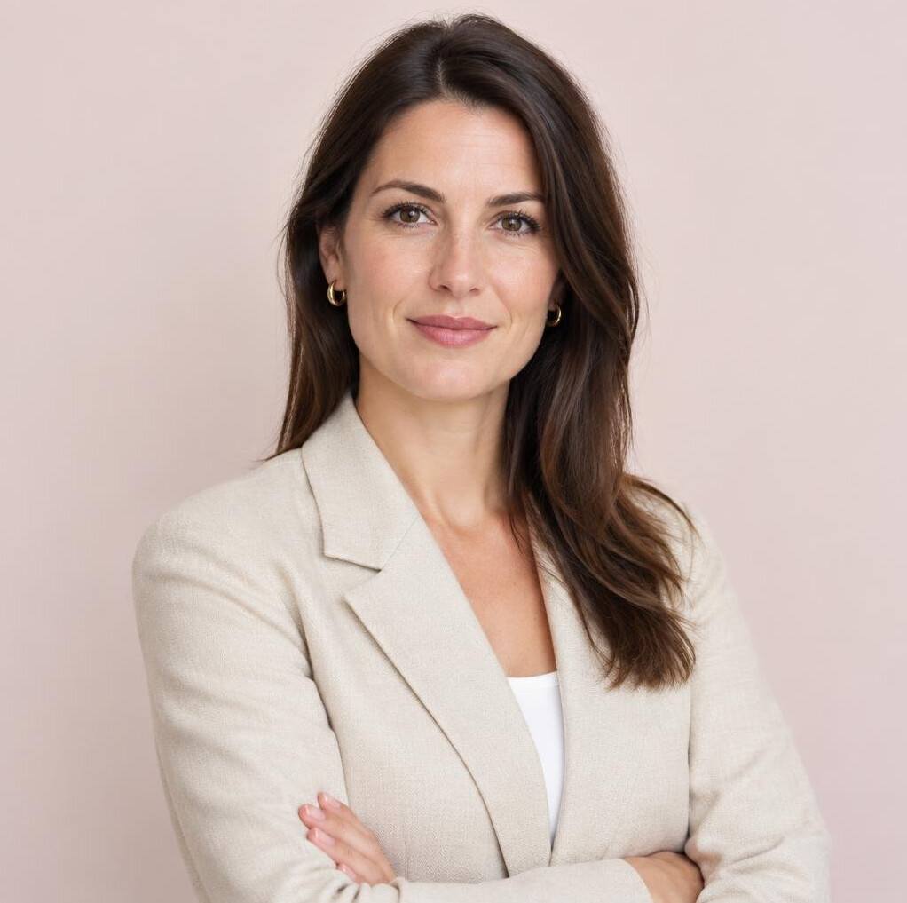 Confident woman in light jacket studio portrait
